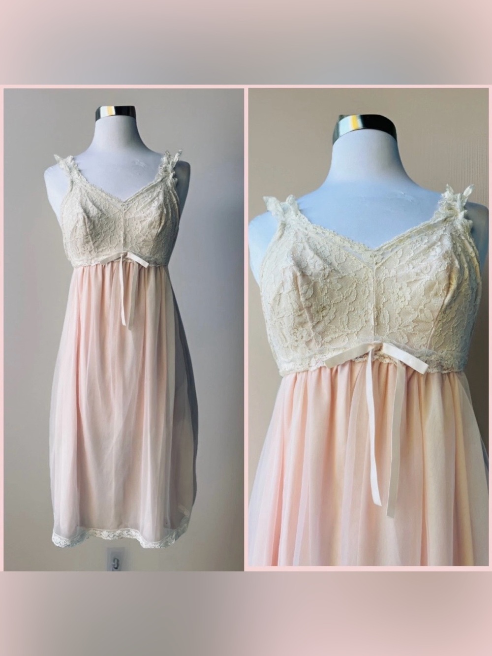 Vintage 60s Aristocraft Soft Pink Chiffon and Cream Lace Babydoll nightgown 34